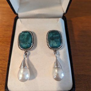 Gemstone and pearl, sterling silver drop earrings.